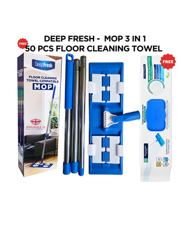 Deep Fresh Floor Mop with 50 Wet Wipes, flat head design, white soap scent – multi-use cleaning mop for smooth and effective floor care