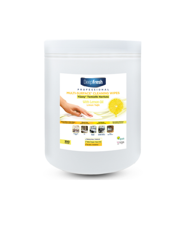 Deep Fresh Multi Surface Cleaning Wet Wipes Cannister Lemon, 4 packs of 300 wipes – effective antibacterial wipes for household and office cleaning