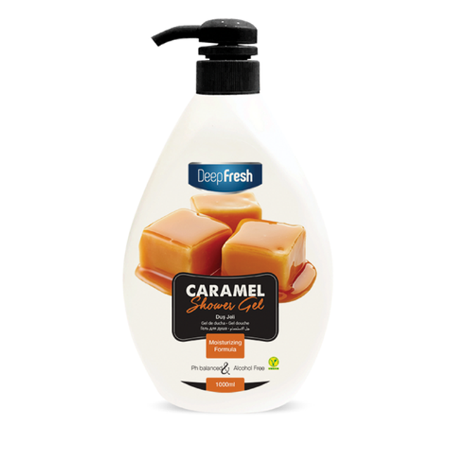 Deep Fresh Shower Gel Caramel, 12 bottles of 1000ml – rich and moisturizing body wash with sweet caramel fragrance for soft and smooth skin