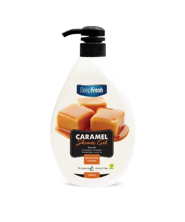Deep Fresh Shower Gel Caramel, 12 bottles of 1000ml – rich and moisturizing body wash with sweet caramel fragrance for soft and smooth skin
