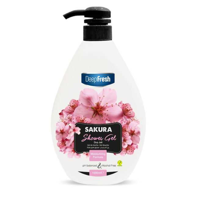 Deep Fresh Shower Gel Sakura, 12 bottles of 1000ml – refreshing and moisturizing body wash with delicate sakura (cherry blossom) fragrance