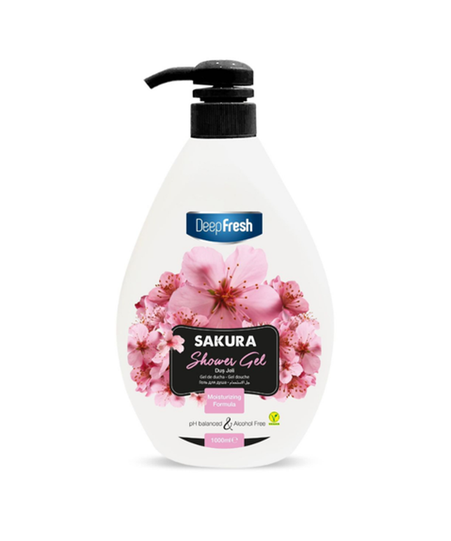 Deep Fresh Shower Gel Sakura, 12 bottles of 1000ml – refreshing and moisturizing body wash with delicate sakura (cherry blossom) fragrance