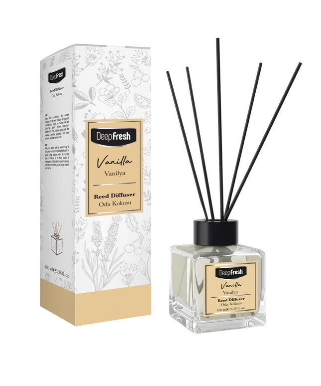 Deep Fresh Reed Diffuser Vanilla, 24 bottles of 100ml – long-lasting home fragrance with natural reed sticks and warm vanilla aroma for a cozy atmosphere