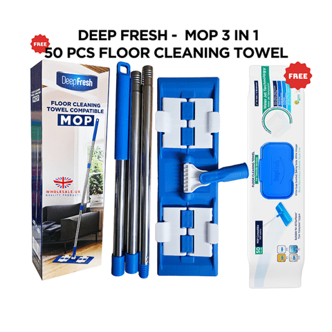 Deep Fresh Floor Mop + 50 Wet Wipes Kit - Flat Head, White Soap Scent - Wholesale Multi-Use Cleaning Kit UK