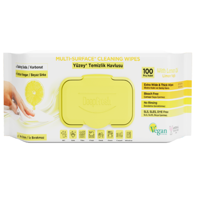 Deep Fresh Multi Surface Cleaning Wet Wipes Lemon, 12 packs of 100 wipes – antibacterial surface wipes with fresh lemon scent for effective cleaning